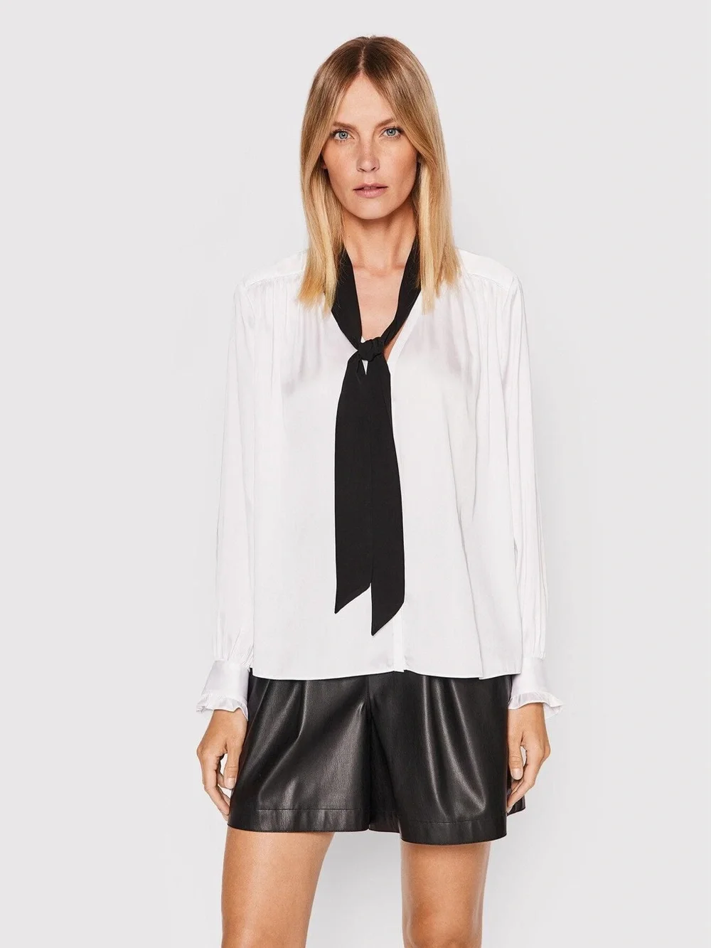 The Kooples White Fluid Button Down Blouse Black Tie Ruffle Cuff Size 3 / L - Picture 2 of 8